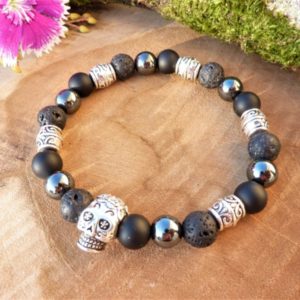 Bracelet Archange Michael Aigue-Marine - Perles Bois & Pierre - Taille Élastique 19-23 Cm - Boîte Cadeau 6 Langues