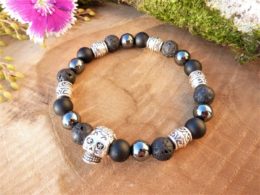 bracelet agate noire hématite lave tête de mort