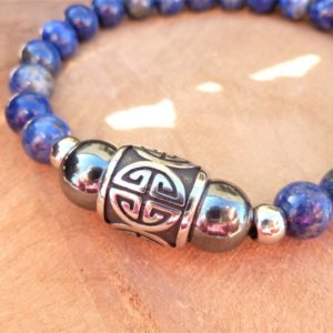 bracelet homme lapis lazuli hématite et perle longévité acier