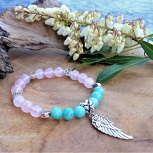 bracelet femme quartz rose et amazonite paix et force du cœur communication grand réconfort rose vert bleu
