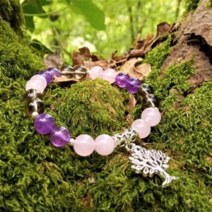 bracelet sérénité femme améthyste quartz rose quartz fumé breloque arbre de vie