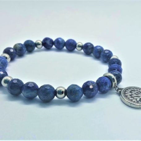 bracelet lapis lazuli facettes aa breloque arbre de vie acier inox